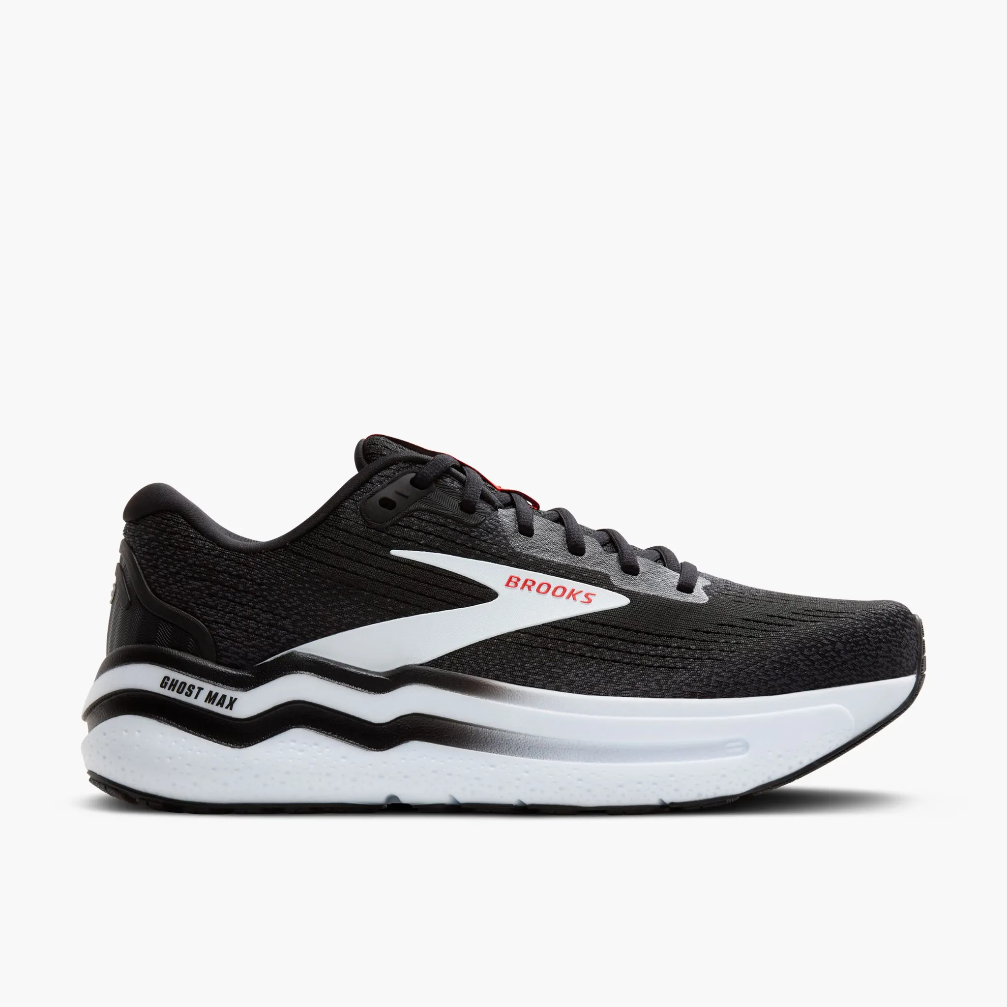 Men's Brooks Ghost Max 2 Road Running Shoe in Black/White/Fiery Red