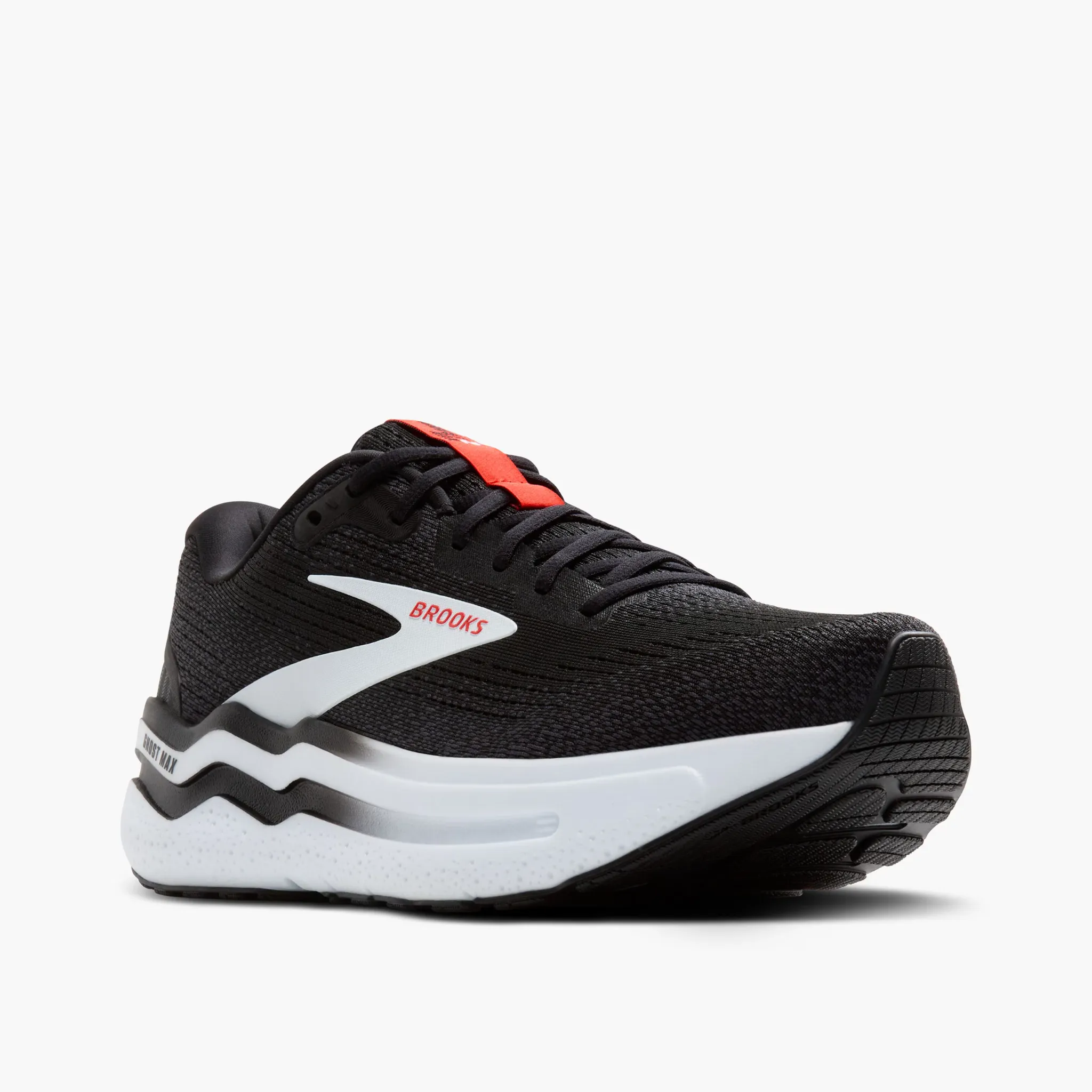 Men's Brooks Ghost Max 2 Road Running Shoe in Black/White/Fiery Red