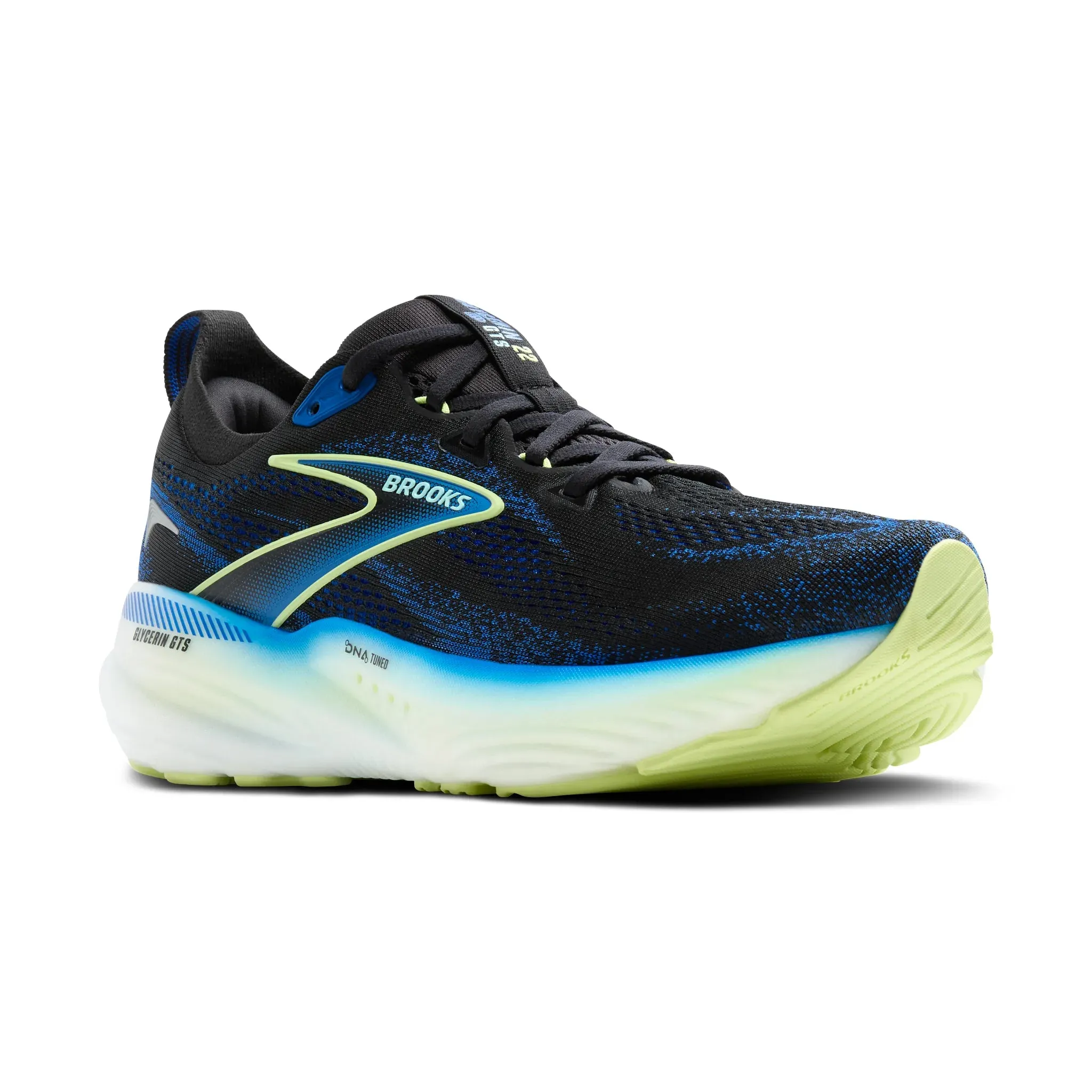 Men's Brooks Glycerin GTS 22 Road Running Shoe in Black/Cobalt/Neo Yellow