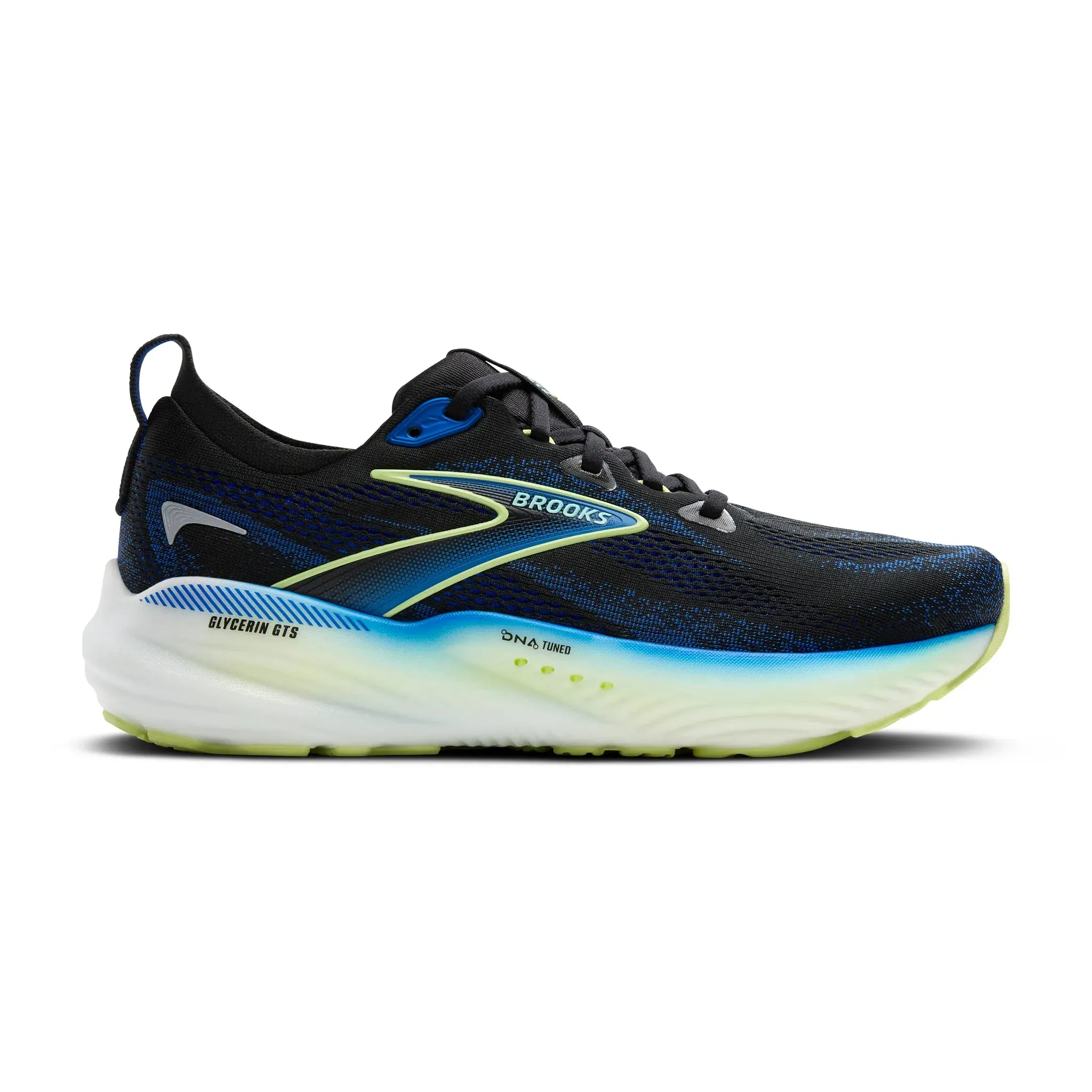 Men's Brooks Glycerin GTS 22 Road Running Shoe in Black/Cobalt/Neo Yellow