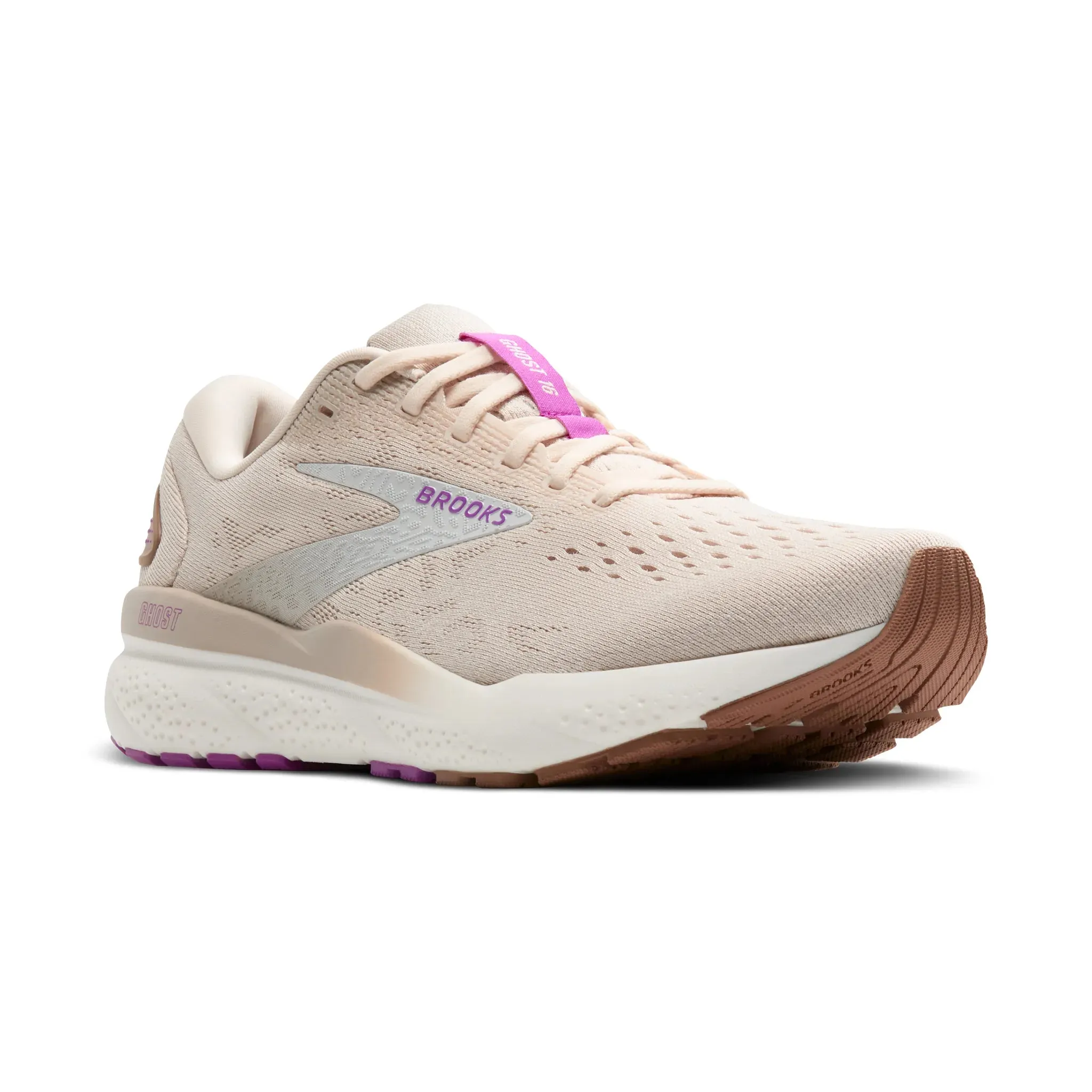 Women's Brooks Ghost 16 Road Running Shoe in Almond Peach/Coconut/Purple