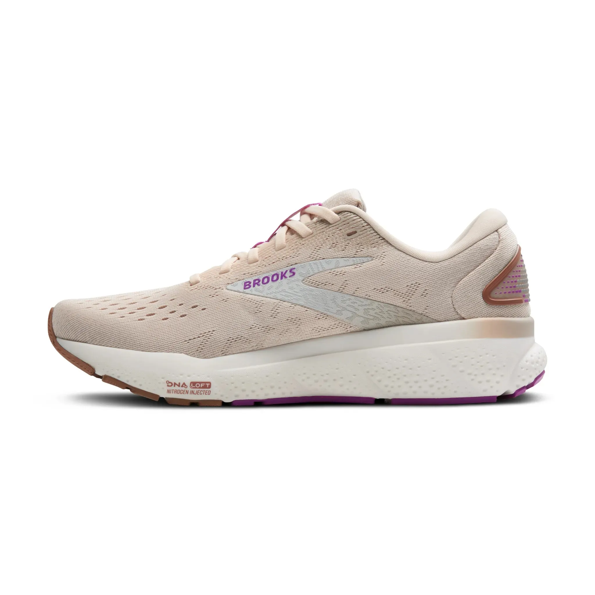Women's Brooks Ghost 16 Road Running Shoe in Almond Peach/Coconut/Purple