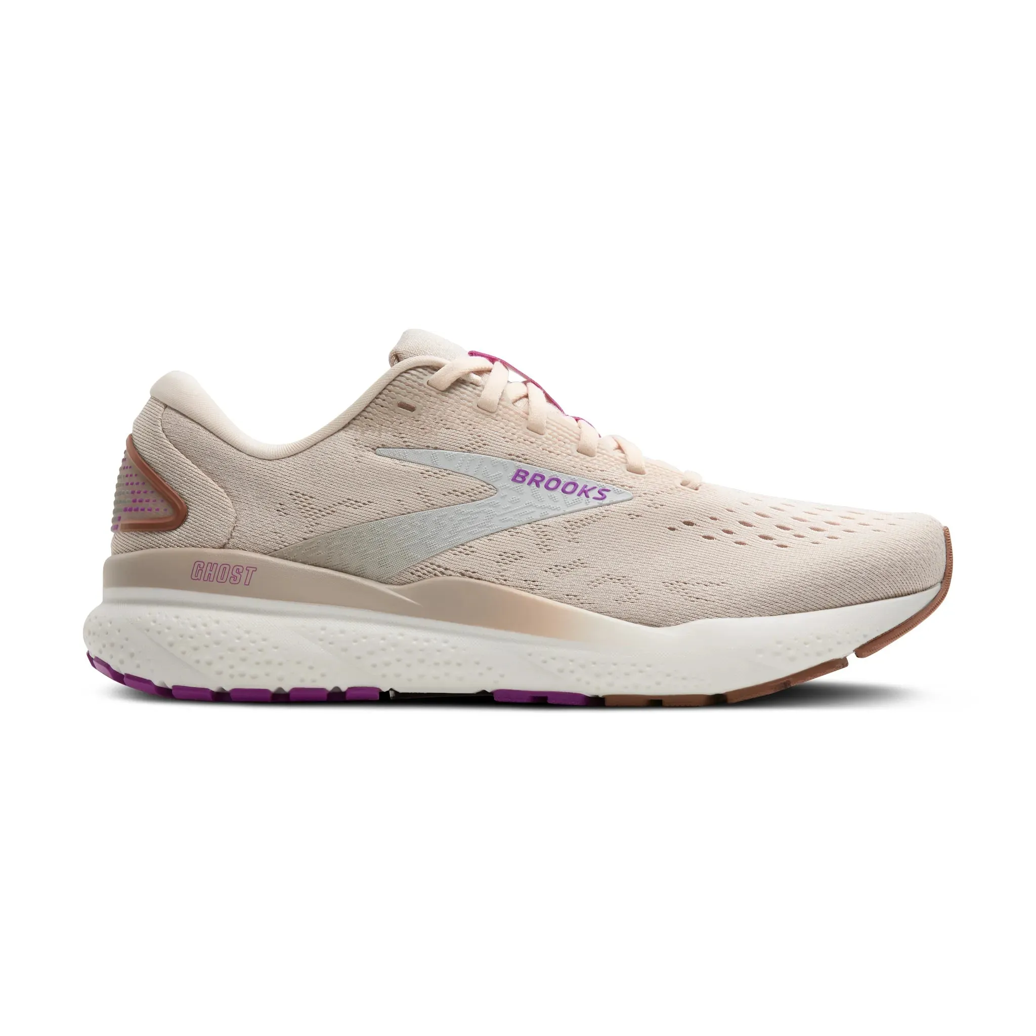 Women's Brooks Ghost 16 Road Running Shoe in Almond Peach/Coconut/Purple
